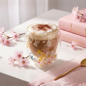 Pahar cu inserție de flori uscate, hortensii și floarea miresei, alb si galben, pereți dubli, sticlă borosilicată, 250 ml, Aurora Bloom