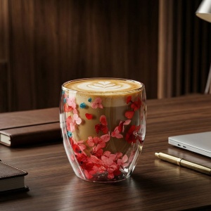 Pahar cu inserție de flori uscate roșu și roz, hortensie, pereți dubli, sticlă borosilicată, 250 ml, Aurora Bloom