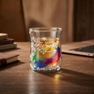 Pahar cu inserție de pene mov, verzi și biluțe colorate pastel, pereți dubli, sticlă borosilicată, 200 ml, Aurora Bloom