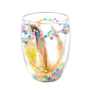 Pahar cu inserție de pene și biluțe colorate pastel, pereți dubli, sticlă borosilicată, 300 ml, Aurora Bloom