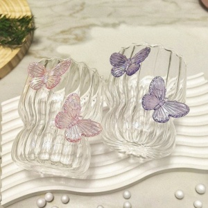 Pahar din sticlă borosilicată, cu pereți ondulați și fluturași roz, 260 ml, eCarla, SZK161