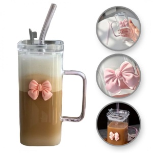 Pahar dreptunghiular, din sticlă borosilicată, cu capac etnaș, pai reutilizabil și fundiță roz, 320 ml, eCarla, SZK87