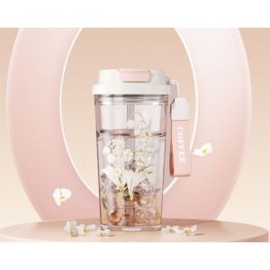 Pahar reutilizabil cu capac, pai și baretă de transport, imprimeu floral, 550 ml, PC + PP, eCarla, BD29