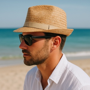 Pălărie de plajă bărbați Aristo, bej, stil fedora, cu bandă crem, ușoară și respirabilă, protecție solară, diametru 29 cm