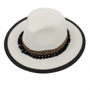 Pălărie de plajă damă Tiara albă cu bandă neagră și franjuri, din hârtie de paie, bor mediu 35 cm, elegantă și ușoară