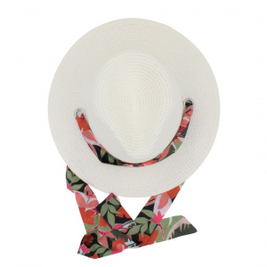 Pălărie de plajă damă Tiara albă cu eșarfă florală, din hârtie de paie, bor mediu 33 cm, elegantă și ușoară
