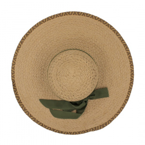 Pălărie de plajă damă Tiara, bej cu fundă verde, boruri extra largi, elegantă, ușoară și respirabilă, protecție solară, diametru 47 cm