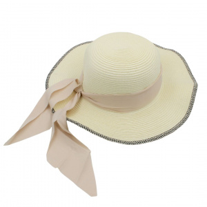 Pălărie de plajă damă Tiara, crem/natur cu fundă bej, boruri largi, elegantă, ușoară și respirabilă, protecție solară, diametru 36 cm