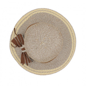 Pălărie de plajă damă Tiara, gri cu fundă maro, boruri largi, elegantă, ușoară și respirabilă, protecție solară, diametru 37 cm