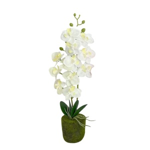 Plantă artificială Orhidee 40 cm, cu flori albe și frunze verzi, pentru interior