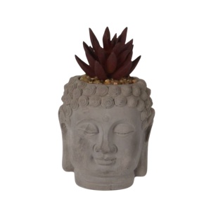 Plantă artificială Suculentă în ghiveci de ciment 12.5 cm, formă de statuetă cap Buddha, gri cu mov
