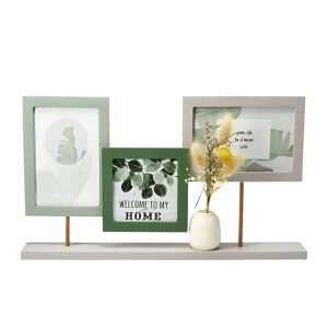 Ramă foto decorativă, cu vază, colaj pentru 3 poze, culoare verde