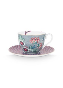 Set 2 căni cu farfurioare, din porțelan, Pip Studio, 280ml, colecția Flower Festival, Light Blue