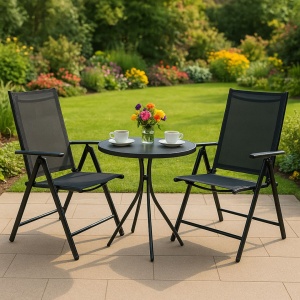 Set 2 scaune pliabile pentru gradină sau terasă, Jumi, structură metalică, design ergonomic, negru