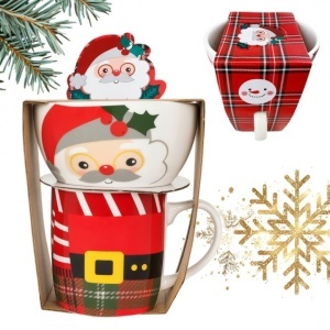 Set cadou de Crăciun, cană ceramică, 350 ml și bol 400 ml, model Moș Crăciun cu ochelari, design festiv roșu, KB37WZ2