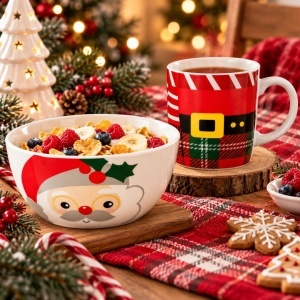 Set cadou de Crăciun, cană ceramică, 350 ml și bol 400 ml, model Moș Crăciun cu ochelari, design festiv roșu, KB37WZ2