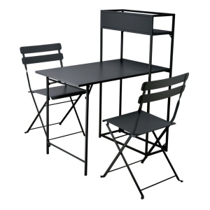 Set masă și 2 scaune pliabile cu etajeră metalică, design compact, 100×60×140 cm, ideal pentru balcon sau bucătărie