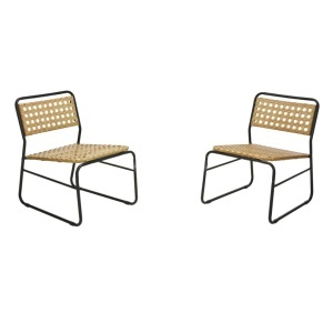 Set mobilier grădină 2 scaune și masă rotundă, structură metalică, împletitură ratan sintetic, culoare natur-negru