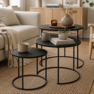 Set of 3 round black coffee tables, 55/45/35 cm, modern industrial design, MDF tabletop and metal frame.