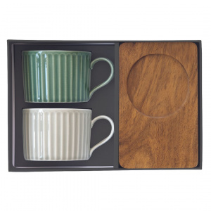 Set porțelan 2 căni 250ml și farfurii lemn acacia verde/gri - Img 4