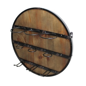 Suport de Perete pentru Sticle și Pahare – 3 Sticle & 3 Pahare | Lemn & Metal | Ø50 cm