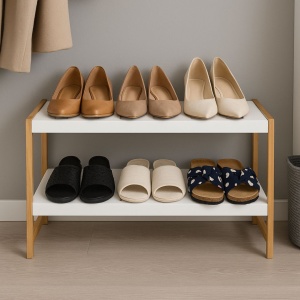 Suport pentru încălțăminte – Excellent Houseware | 2 rafturi, bambus & MDF, 70x26x36 cm, alb/maro
