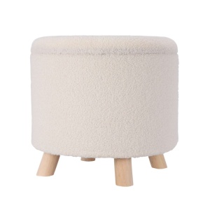 Taburet material alb Teddy, cu spatiu de depozitare și picioare de lemn, 40x37 cm