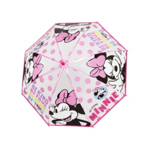 Umbrelă manuală pentru copii Minnie Mouse – 45 cm, cupolă transparentă POE, sistem antivânt din fibră de sticlă, design roz cu buline