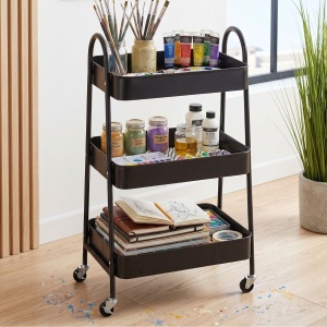 3-tier black metal storage trolley, mobile kitchen & bathroom organiser, 44 x 32 x 80 cm