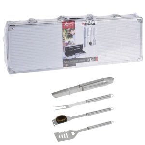 Set ustensile pentru grătar BBQ, 4 piese din inox, cu valiză din aluminiu, 43 cm