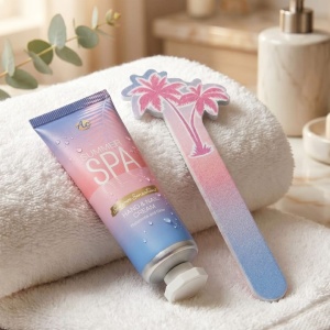 Accentra SUMMER SPA hand care set in pink gift packaging, featuring 30 ml hand and nail cream and a nail file.