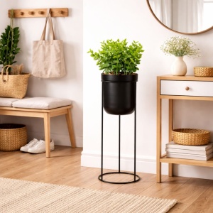 Artificial eucalyptus plant (38 cm) in a cylindrical pot with a black metal stand; modern design
