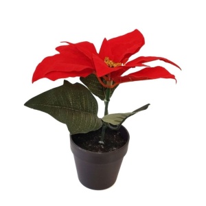 Plantă artificială Crăciuniță 20 cm, cu petale roșii textile cu textura catifelată și frunze verzi, în ghiveci negru