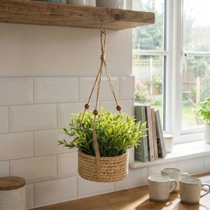Plantă artificială Tarhon 11 cm în ghiveci suspendat tip coș împletit, cu agățătoare – decor rustic cu plante aromatice pentru interior