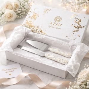 AZAY cake serving set (32 cm knife and 26 cm server), elegant design with pearls and rhinestones, premium set, wedding or christening gift.
