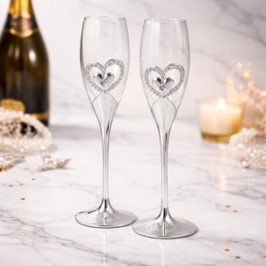 AZAY champagne glass set with decorative heart and crystals, 26.5 cm, elegant flutes, gift set with premium box and tissue paper