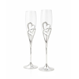 Set pahare șampanie AZAY cu inimă dublă și cristale, 25.5 cm, pahare flute elegante, cadou premium cu cutie și tissue paper