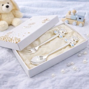 AZAY children's cutlery set (blue teddy bear design: spoon and fork), elegant gift box with tissue paper, 14.5 cm