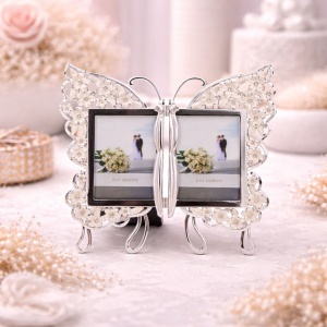 AZAY Double Butterfly Photo Frame with Flowers and Crystals, 2 Photos (5x8 cm), 16x15 cm, Premium Gift Box Included