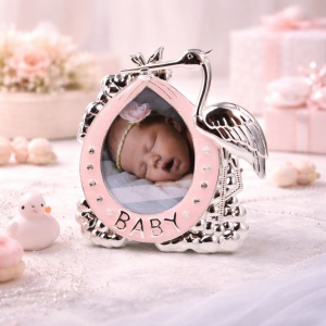 AZAY Pink Stork Baby Photo Frame with Crystals, 8x10 cm – Newborn Photo Frame, Christening Gift for Baby Girl, Gift Box Included