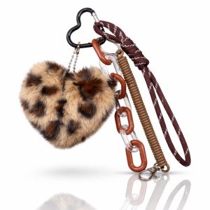 Breloc inimă pluș leopard, cu carabină și lanț decorativ, eCarla, BRL382