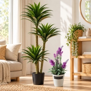 Bundle: 160 cm artificial Yucca plant in a black pot + 28×9 cm artificial Lavender plant, lilac