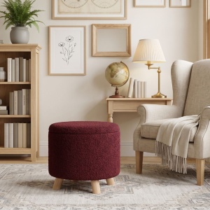 Burgundy Teddy fabric storage stool with wooden legs, 40 x 37 cm