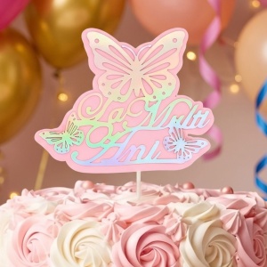 Cake Topper pentru tort cu mesaj La Mulți Ani și fluturi roz-argintiu