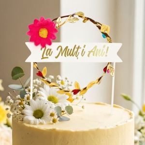 Cake Topper pentru tort, model coroniță cu floricică roz