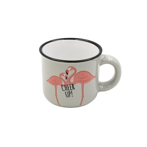Cană cafea espresso Nekupto 80 ml, ceramică, gri, mesajul „CHEER UP!”