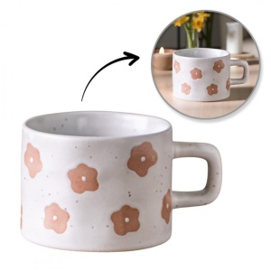 Cană ceramică, cu imprimeu bej, model floral retro, 250 ml, eCarla, KB30