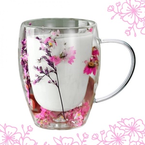 Cană cu flori roz uscate, pereți dubli, sticlă borosilicată, 300 ml