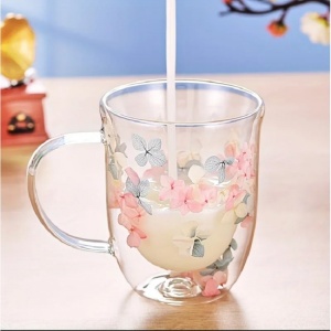 Cană cu flori uscate, pereți dubli, sticlă borosilicată, izolare termică, hortensie, 300 ml