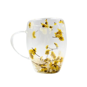 Cană cu flori uscate statice yellow, pereți dubli, sticlă borosilicată, 350 ml, SZK103